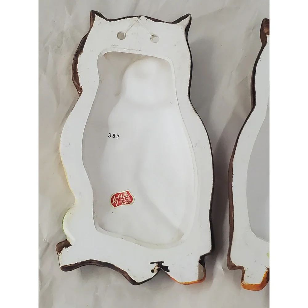 Vintage Lefton Ceramic Owl Wall Plaques‎ Set of 2 Brown Orange Yellow Japan 382